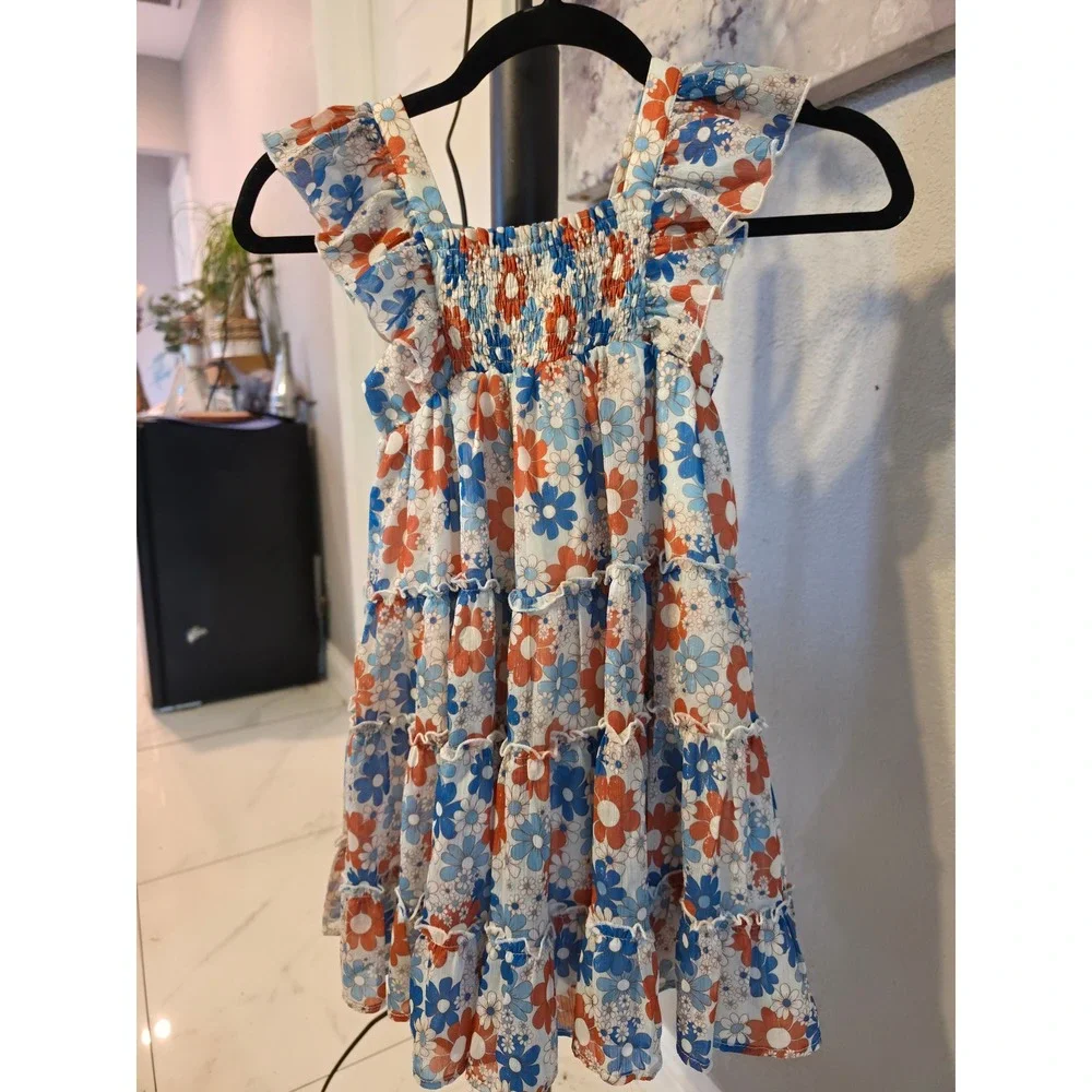 Cheeky Plum Girls Blue Orange Floral Smocked Tiered Flutter Sleeve Dress 6Y